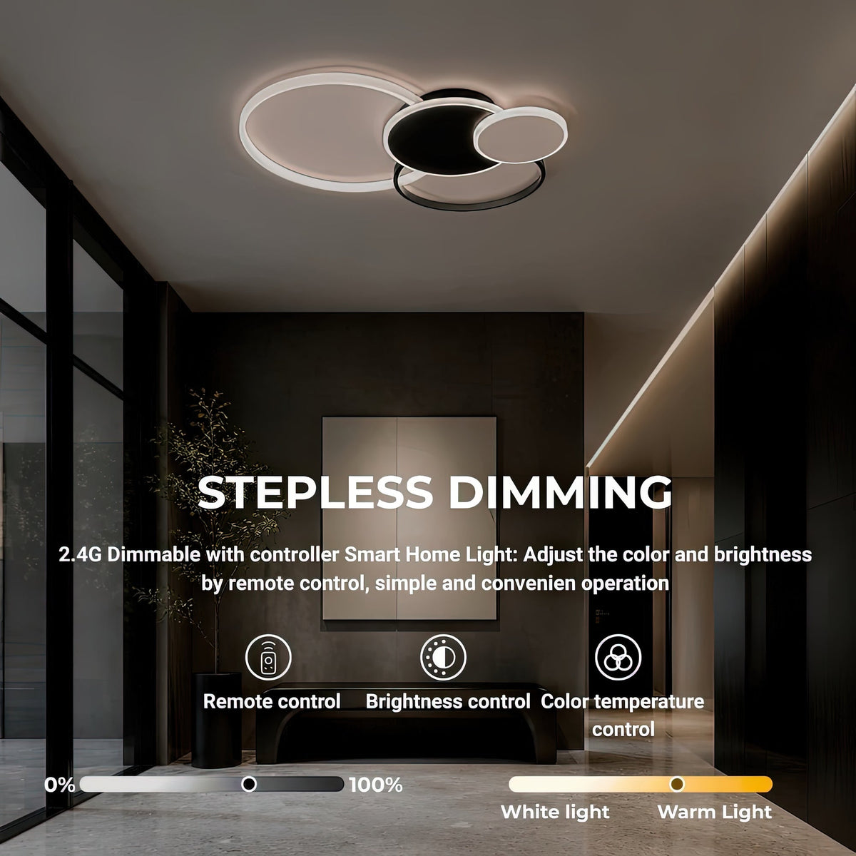 Lustra LED cu telecomanda KILLIAN 80W, 4 Cercuri, lumina Rece/Calda/Neutra, Dimabila, Negru Alb, imaginea 4
