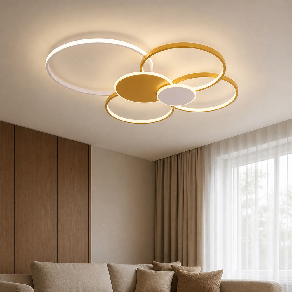 Lustra LED cu telecomanda KILLIAN 74W, 6 Cercuri, lumina Rece/Calda/Neutra, Dimabila, Auriu Alb