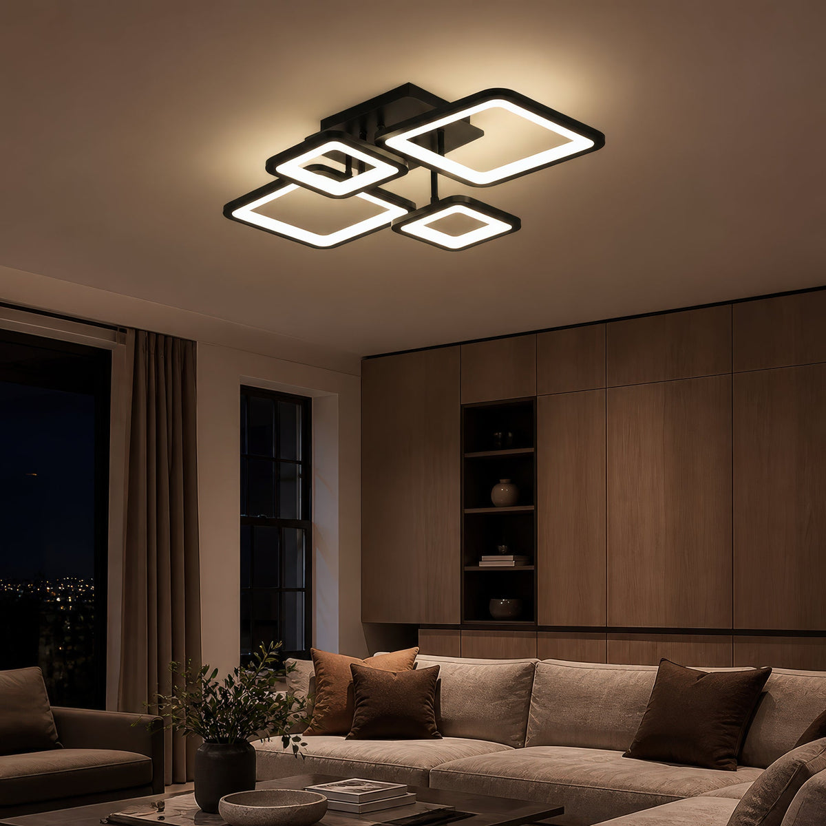Lustra LED cu telecomanda ELLA 67W, 4 Patrate, lumina Rece/Calda/Neutra, Dimabila, Negru, Metal si Acril, imaginea 1