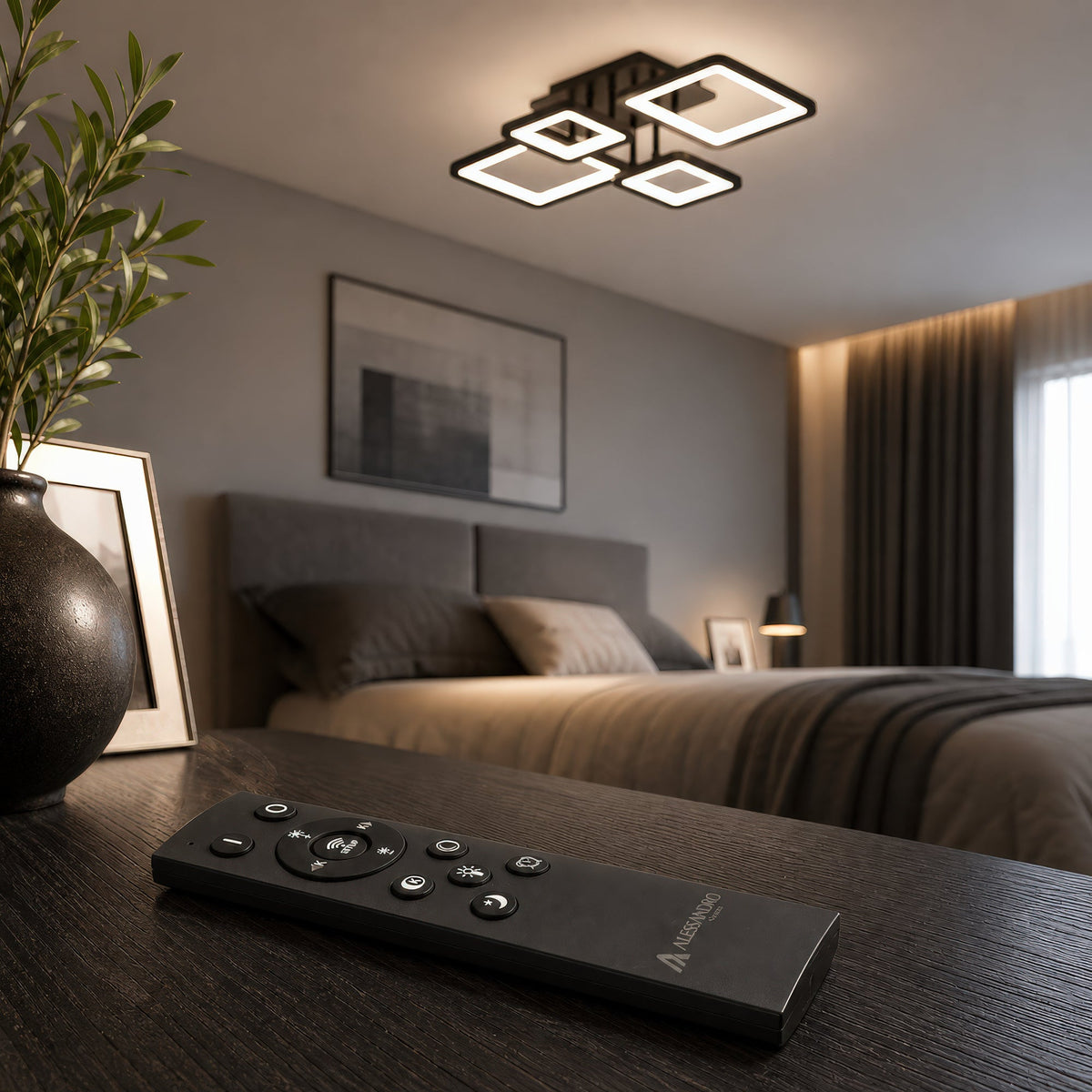 Lustra LED cu telecomanda ELLA 67W, 4 Patrate, lumina Rece/Calda/Neutra, Dimabila, Negru, Metal si Acril, imaginea 3