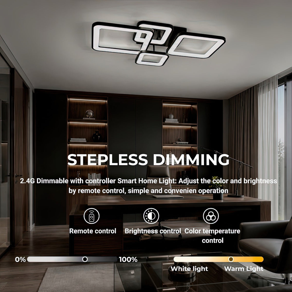 Lustra LED cu telecomanda ELLA 67W, 4 Patrate, lumina Rece/Calda/Neutra, Dimabila, Negru, Metal si Acril, imaginea 4