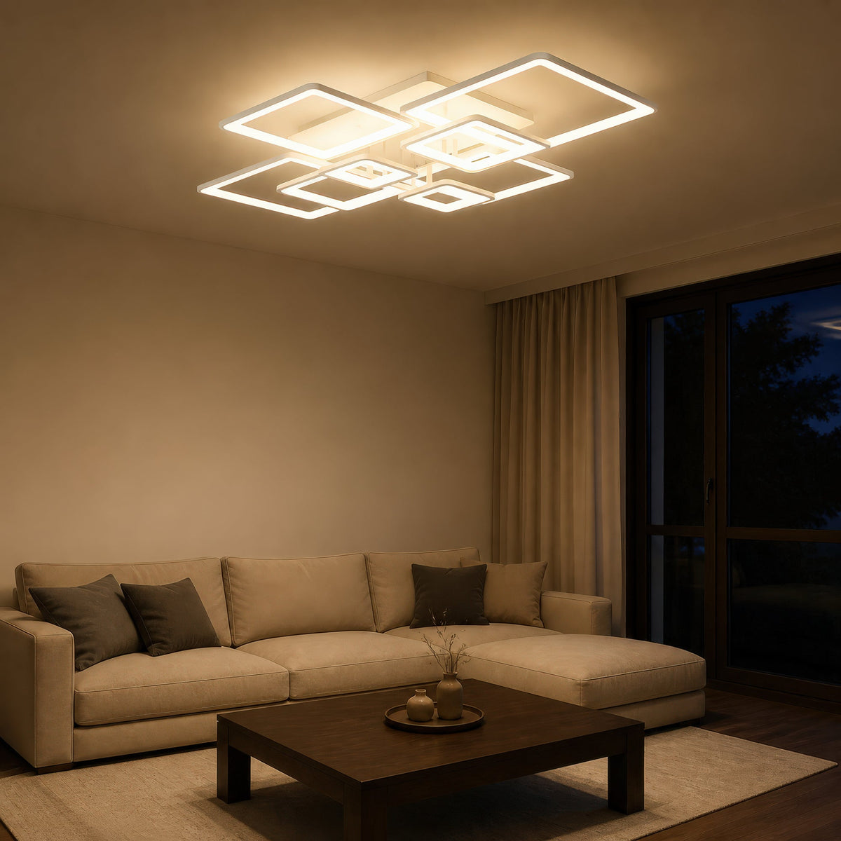Lustra LED cu telecomanda ELLA 187W, 8 Patrate, lumina Rece/Calda/Neutra, Dimabila, Alb, Metal si Acril, imaginea 1