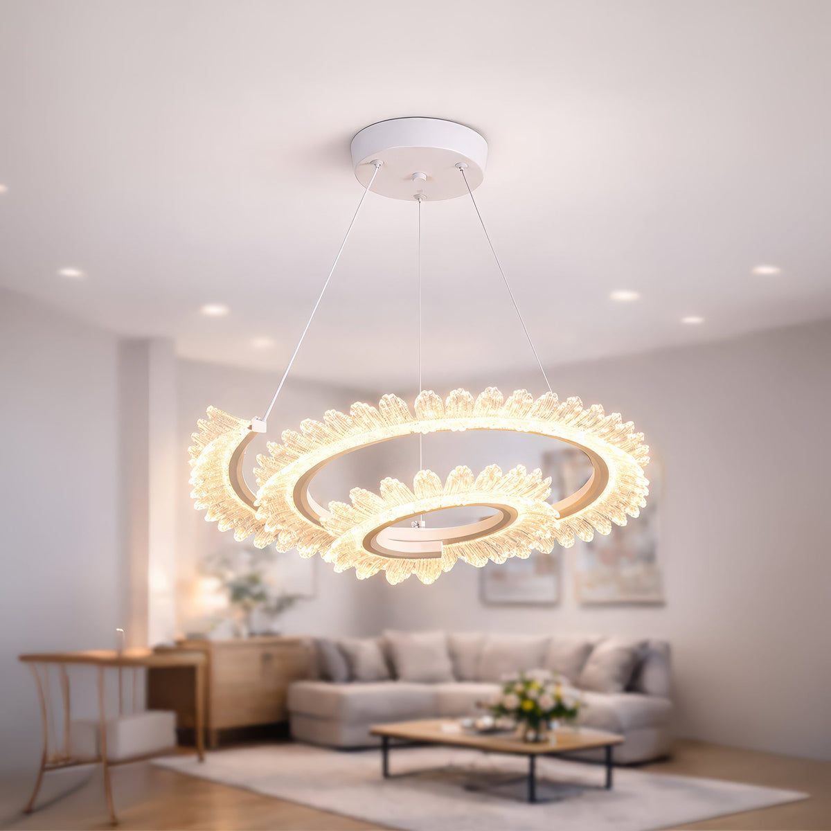 Lustra LED cu Telecomanda LT188WH, Cristal si Metal, 40W, Dimabila, Inaltime Reglabila, Lumina Rece/Calda/Neutra, Iluminat Luxos