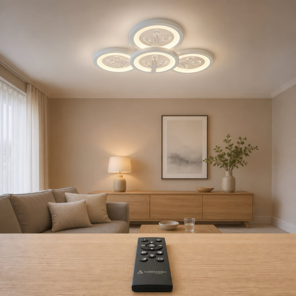 Lustra LED cu telecomanda si cristal DAISY 53W, 4 Elemente, lumina Rece/Calda/Neutra, Dimabila, Alb, imaginea 3