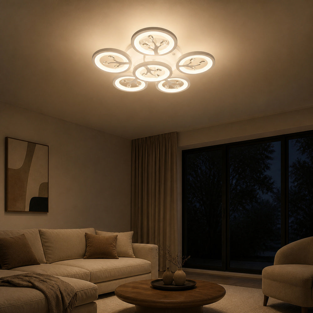 Lustra LED cu telecomanda si cristal DAISY 78W, 6 Elemente, lumina Rece/Calda/Neutra, Dimabila, Alb