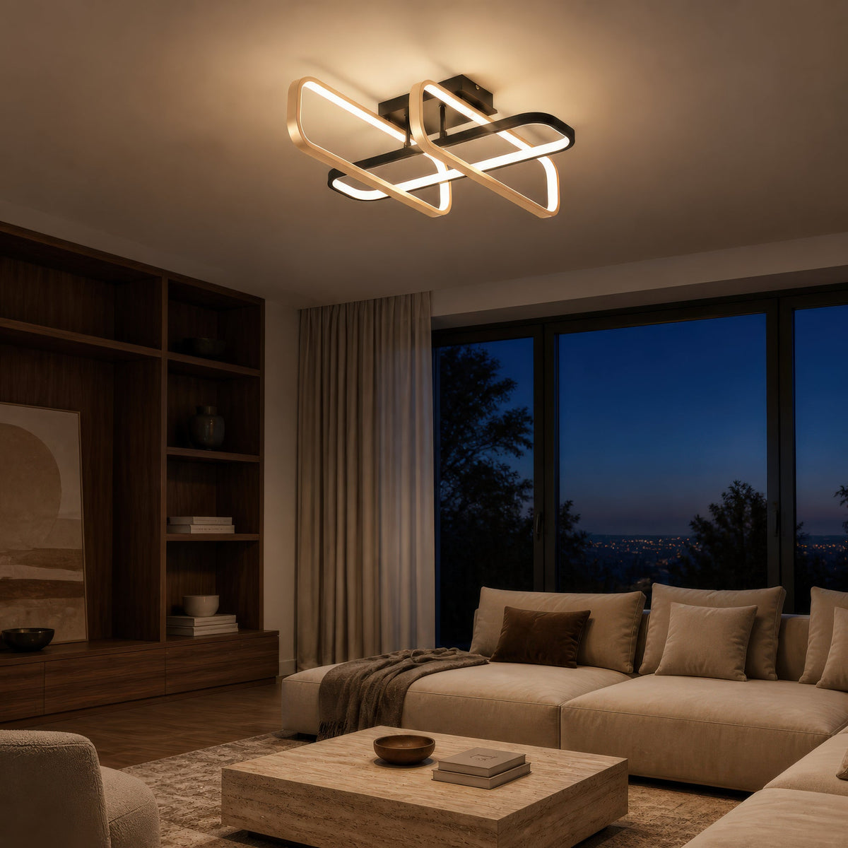 Lustra LED cu telecomanda TRANBERG, 3 surse(1negre+2auriu), 3000K/4000K/6000K, 144W, Metal și Plastic, Negru