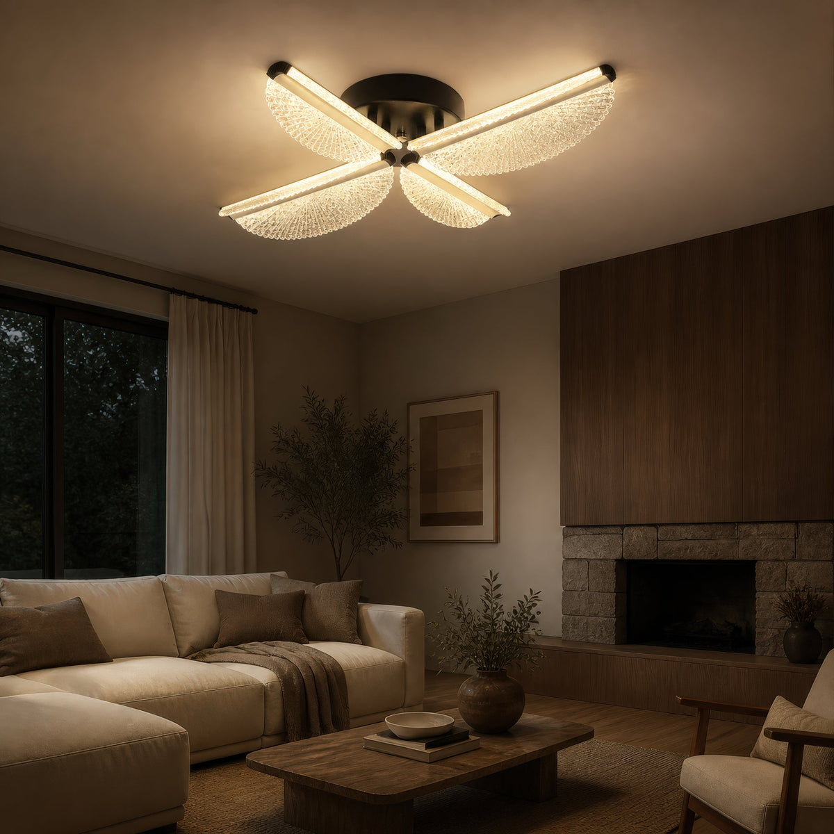 Lustra LED cu Telecomanda TULLIO 43W, 4 Petale, lumina Rece/Calda/Neutra, Dimabila, Negru