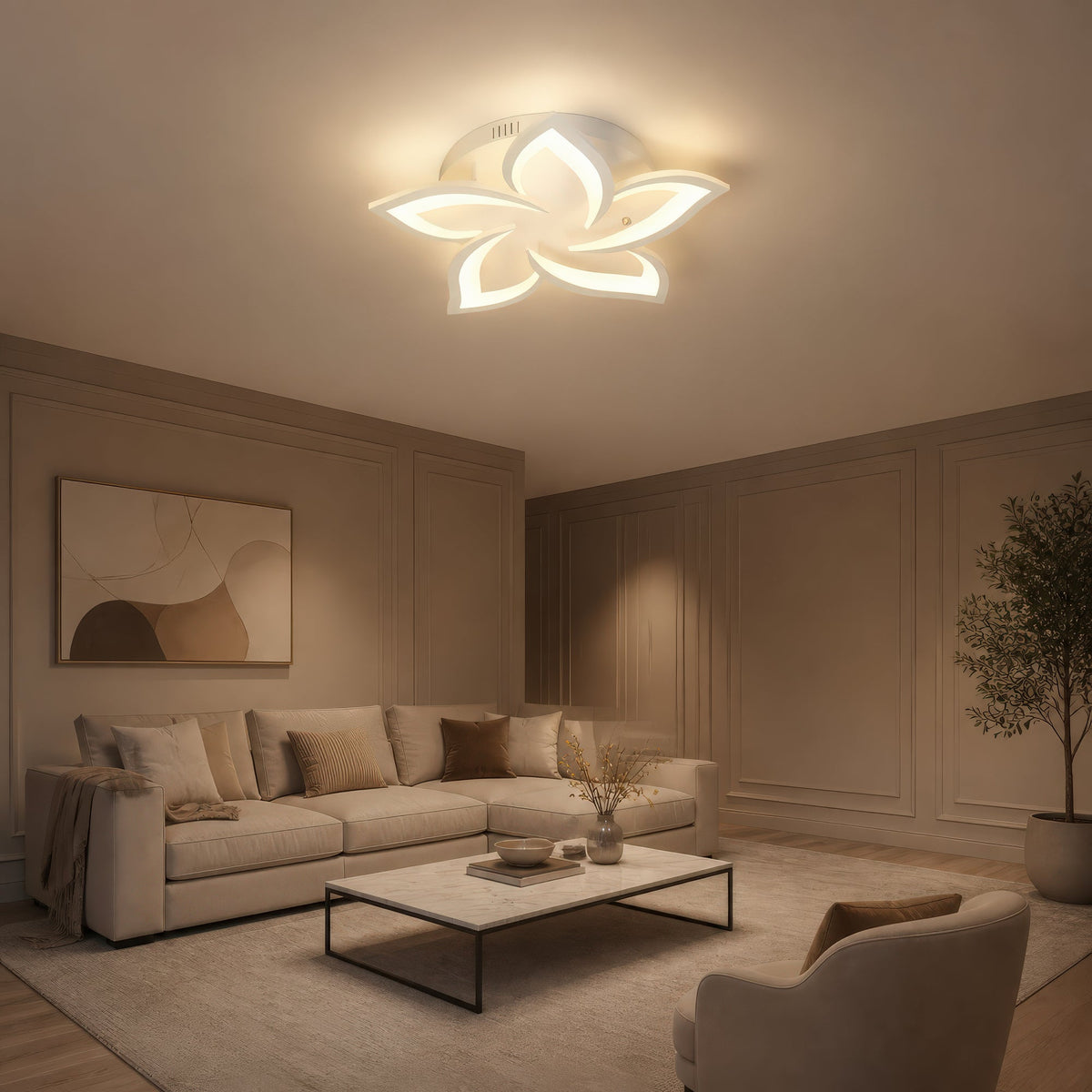 Lustra LED cu telecomanda LOTUS 54W, 5 Petale, lumina Rece/Calda/Neutra, Dimabila, Alb, imaginea 1