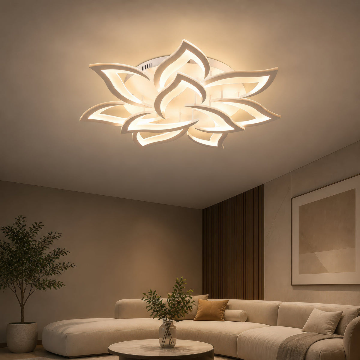 Lustra LED cu telecomanda LOTUS 91W, 9 Petale, lumina Rece/Calda/Neutra, Dimabila, Alb, imaginea 1