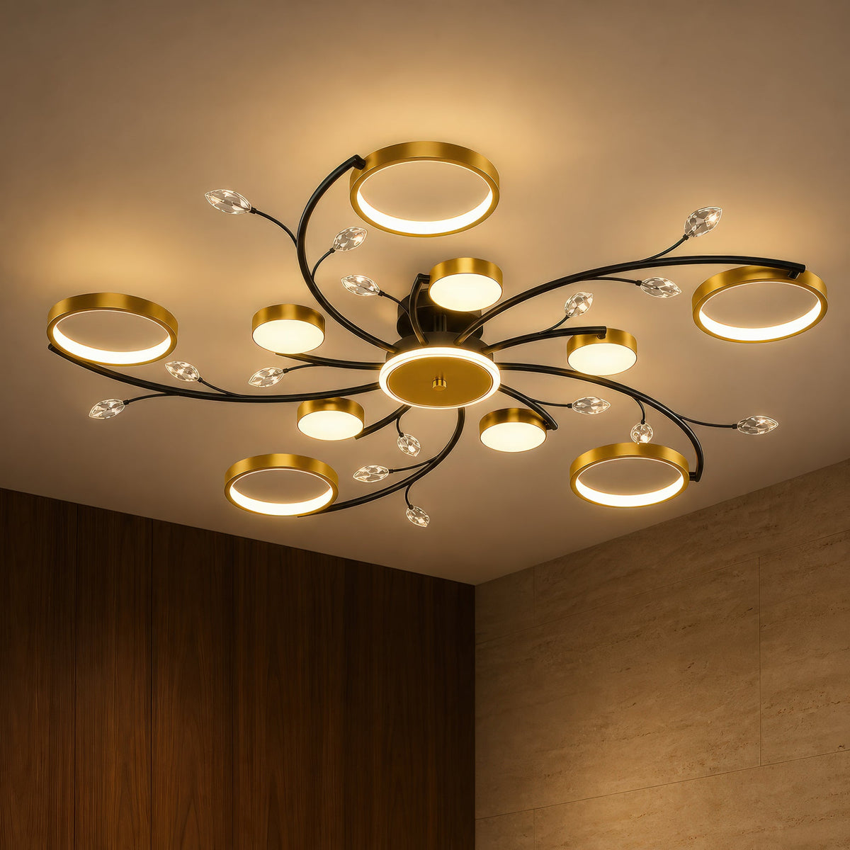 Lustra LED cu Telecomanda KARINA, 68W, 10 Elemente, Lumina Calda/Rece/Neutra, Dimabila, Auriu, imaginea 1