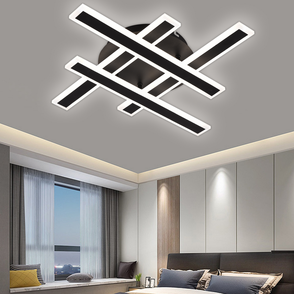 Lustra LED cu Telecomanda ZYRON Magno, 80W, 4 elemente, Lumina Rece/Calda/Neutra, Dimabila, Negru, Metal, Plexiglas