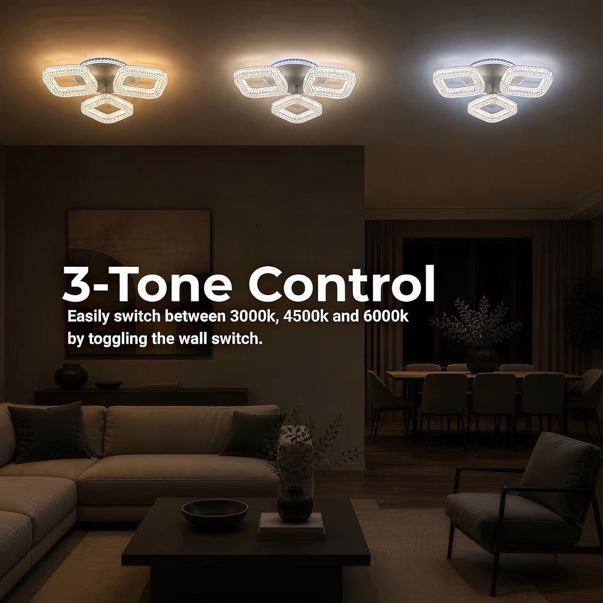 Lustra LED RENATO Nobile cu telecomanda si cristal, 39W, 3 Patrate, Lumina Rece/Calda/Neutra, Dimabila, Alb