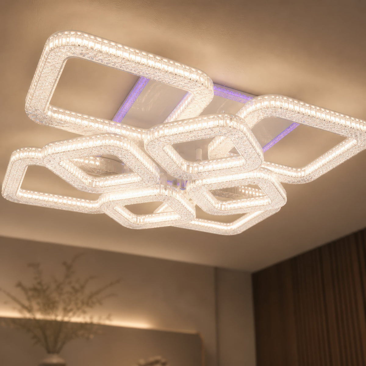 Lustra LED RENATO Magno cu telecomanda si cristal, 128W, 8 Patrate, Lumina Rece/Calda/Neutra, Dimabila, Alb