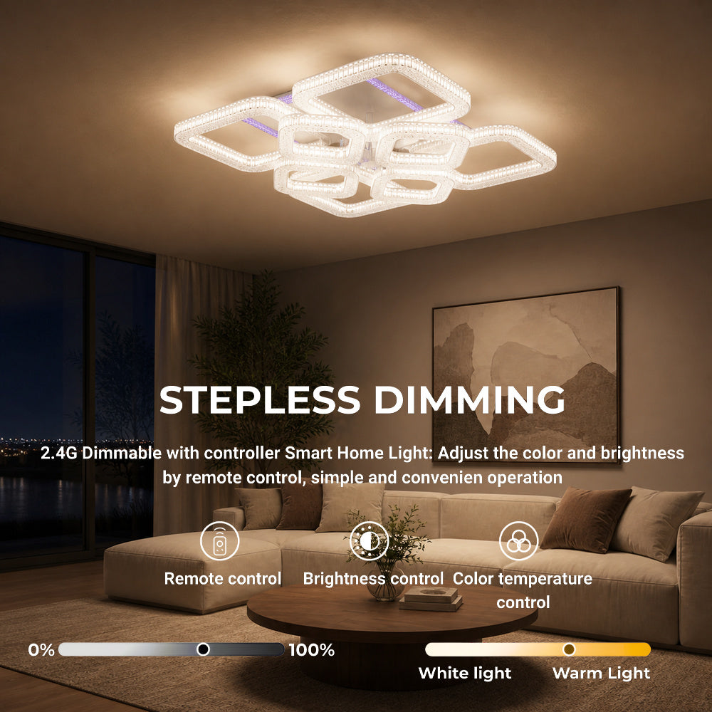 Lustra LED RENATO Magno cu telecomanda si cristal, 128W, 8 Patrate, Lumina Rece/Calda/Neutra, Dimabila, Alb