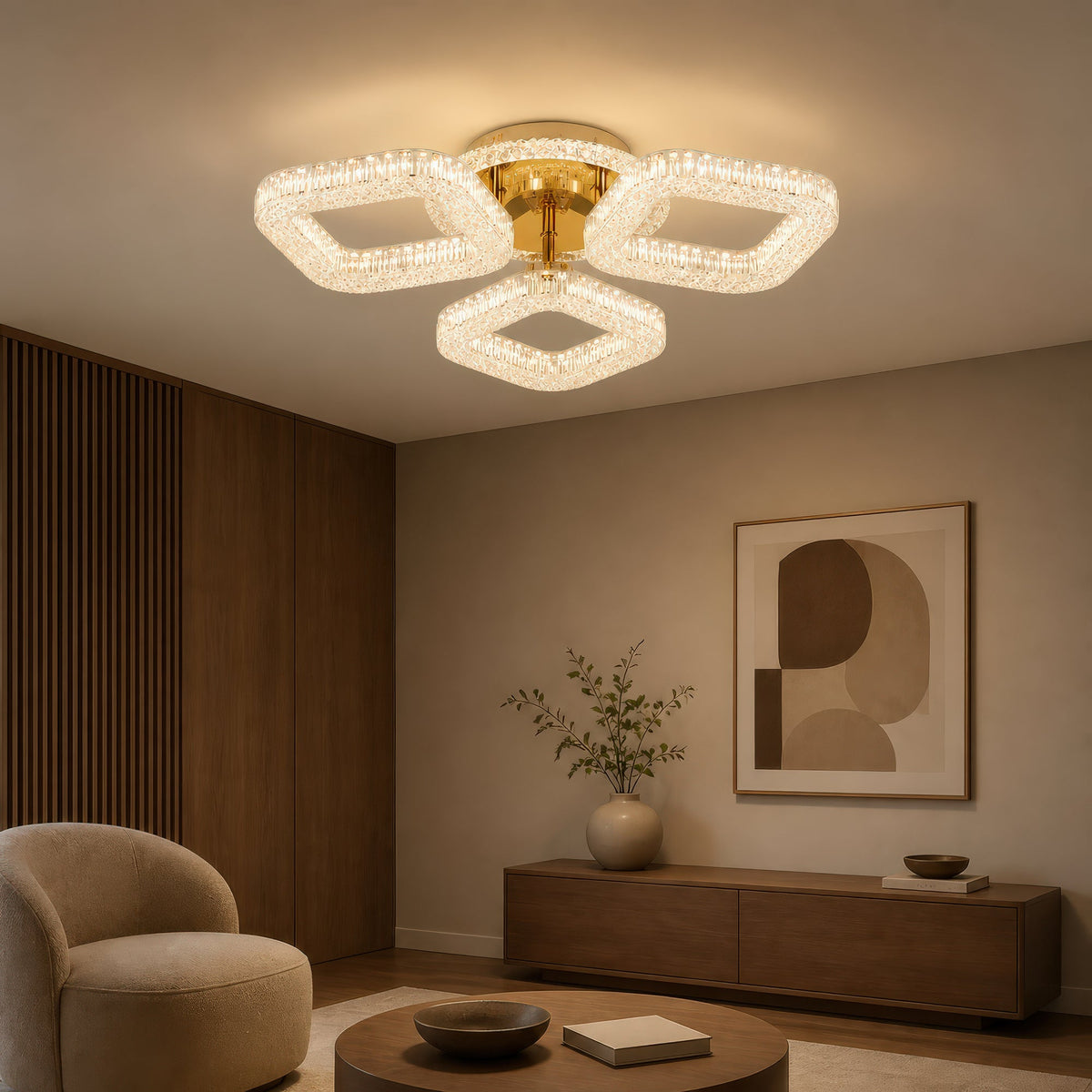 Lustra LED RENATO Nobile cu telecomanda si cristal, 39W, 3 Patrate, Lumina Rece/Calda/Neutra, Dimabila, Auriu
