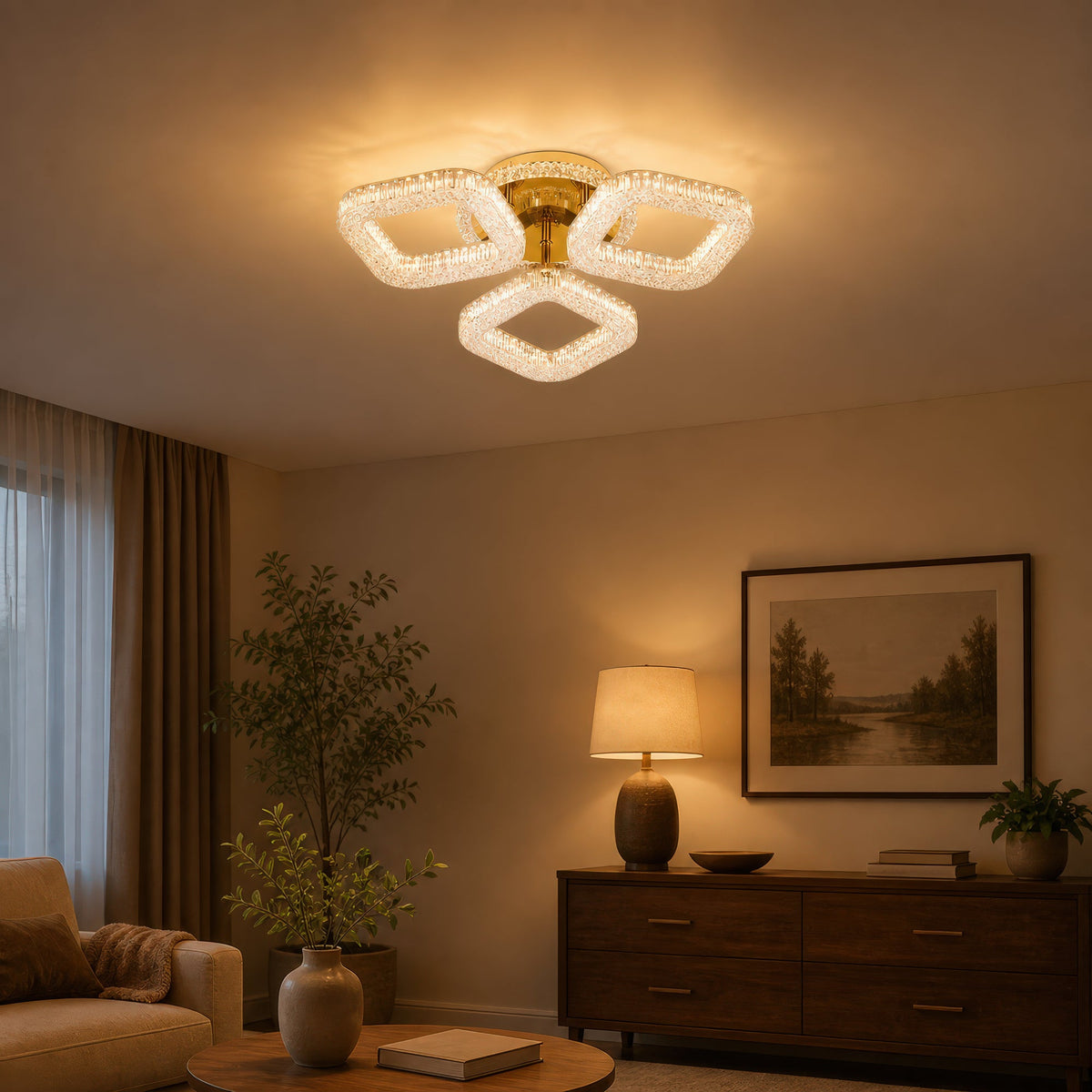 Lustra LED RENATO Nobile cu telecomanda si cristal, 39W, 3 Patrate, Lumina Rece/Calda/Neutra, Dimabila, Auriu