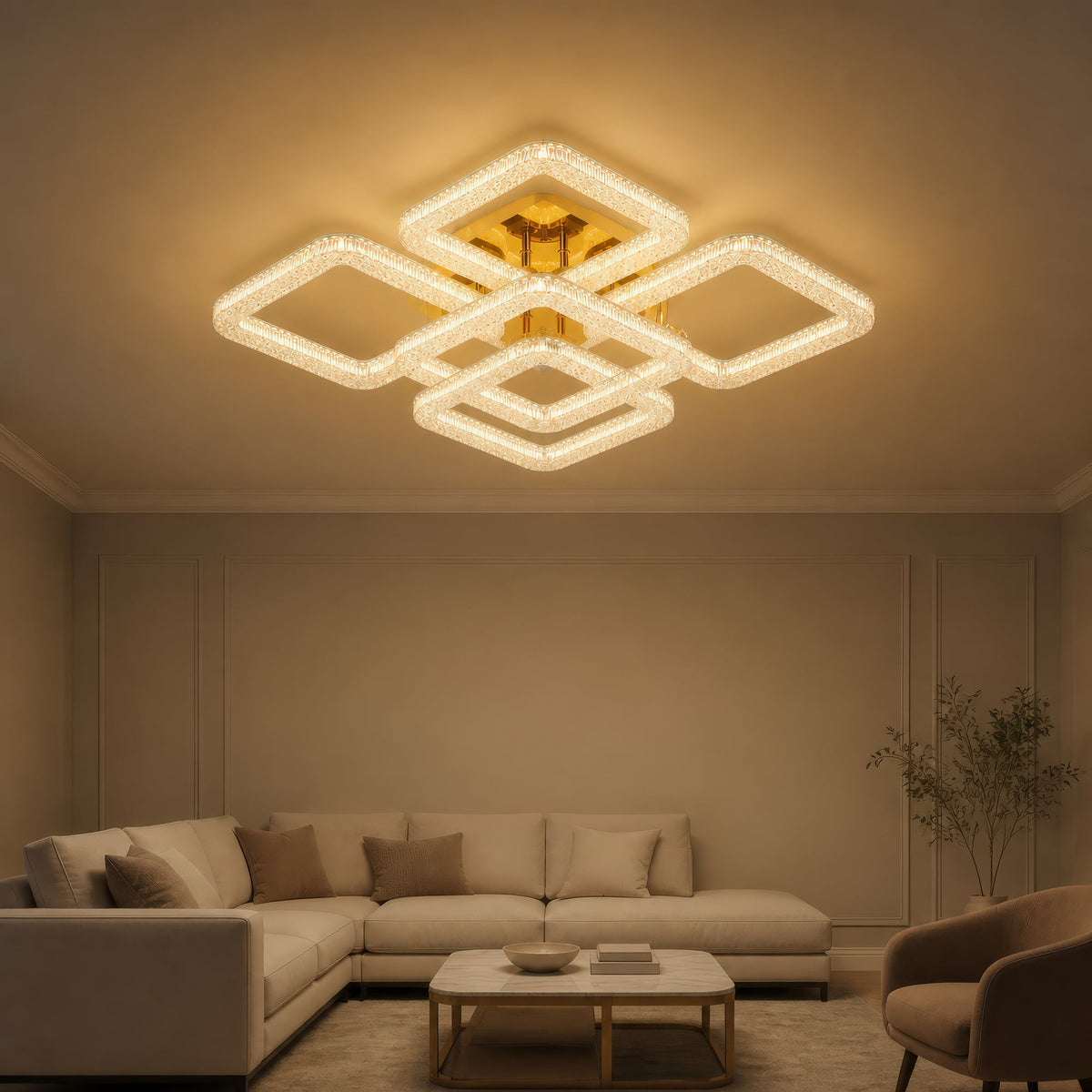 Lustra LED RENATO Magno cu telecomanda si cristal, 118W, 5 Patrate, Lumina Rece/Calda/Neutra, Dimabila, Auriu