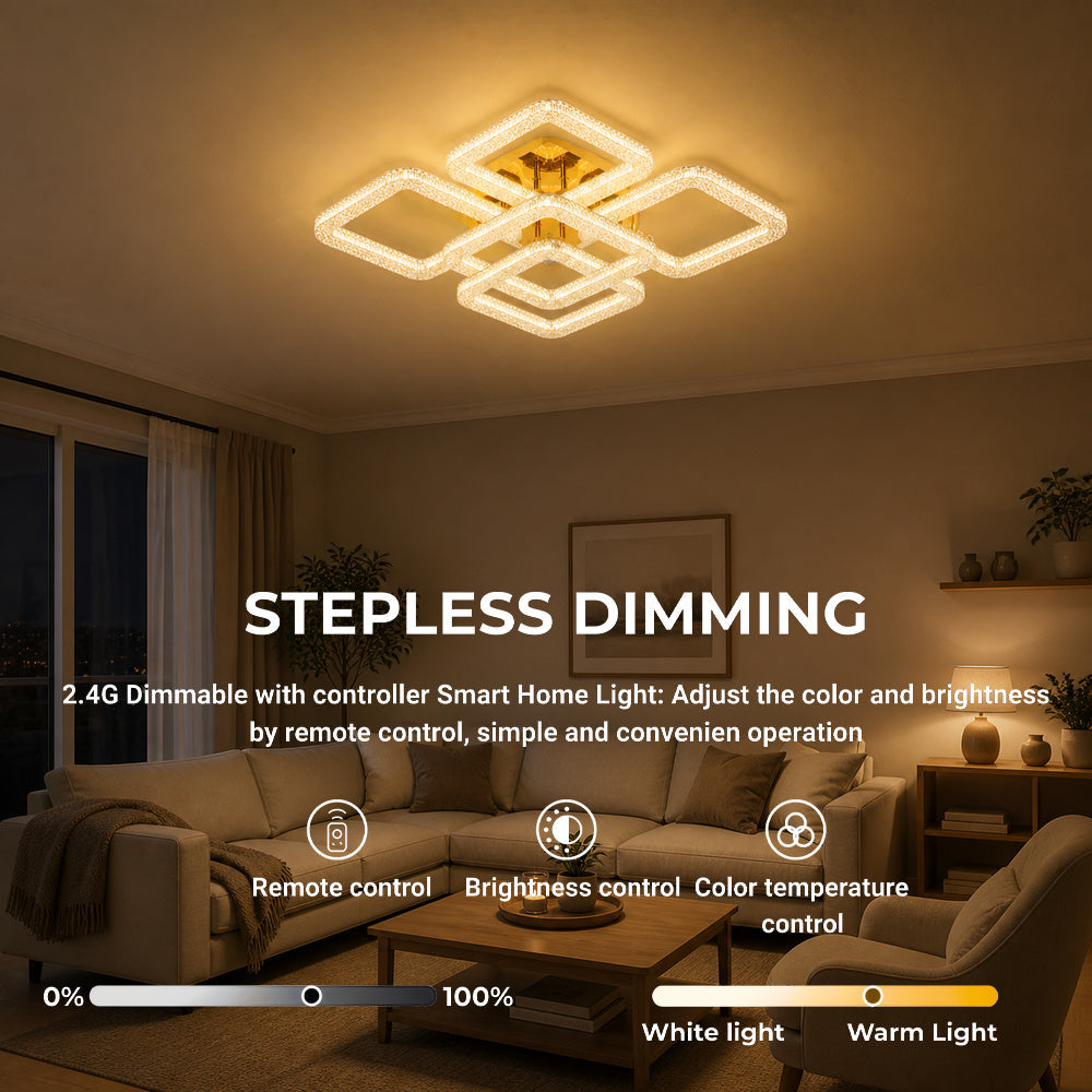 Lustra LED RENATO Magno cu telecomanda si cristal, 118W, 5 Patrate, Lumina Rece/Calda/Neutra, Dimabila, Auriu