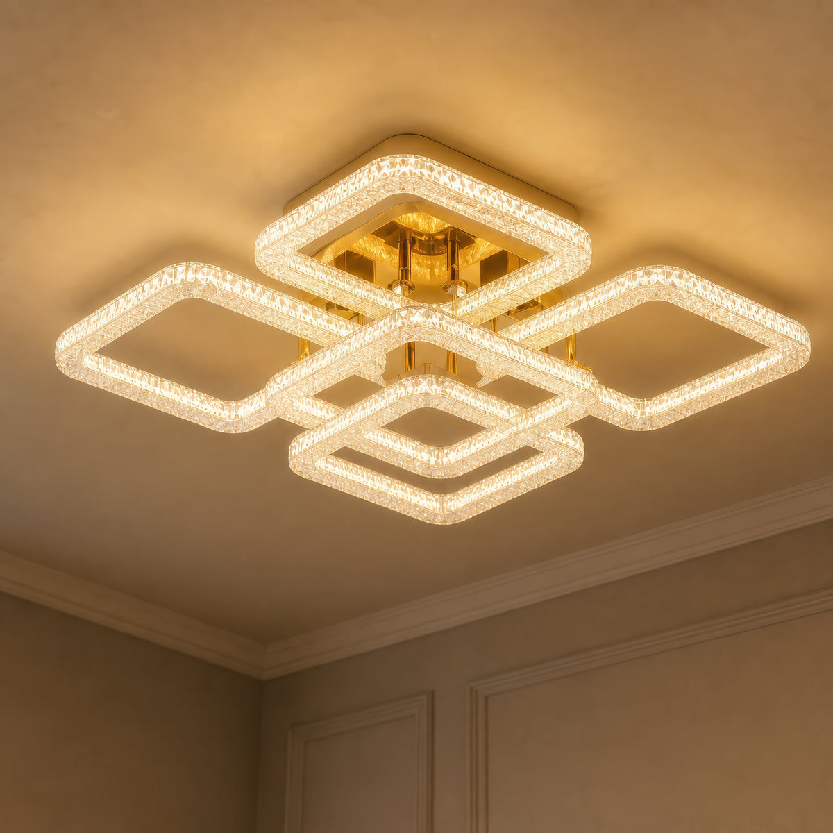 Lustra LED RENATO Magno cu telecomanda si cristal, 118W, 5 Patrate, Lumina Rece/Calda/Neutra, Dimabila, Auriu