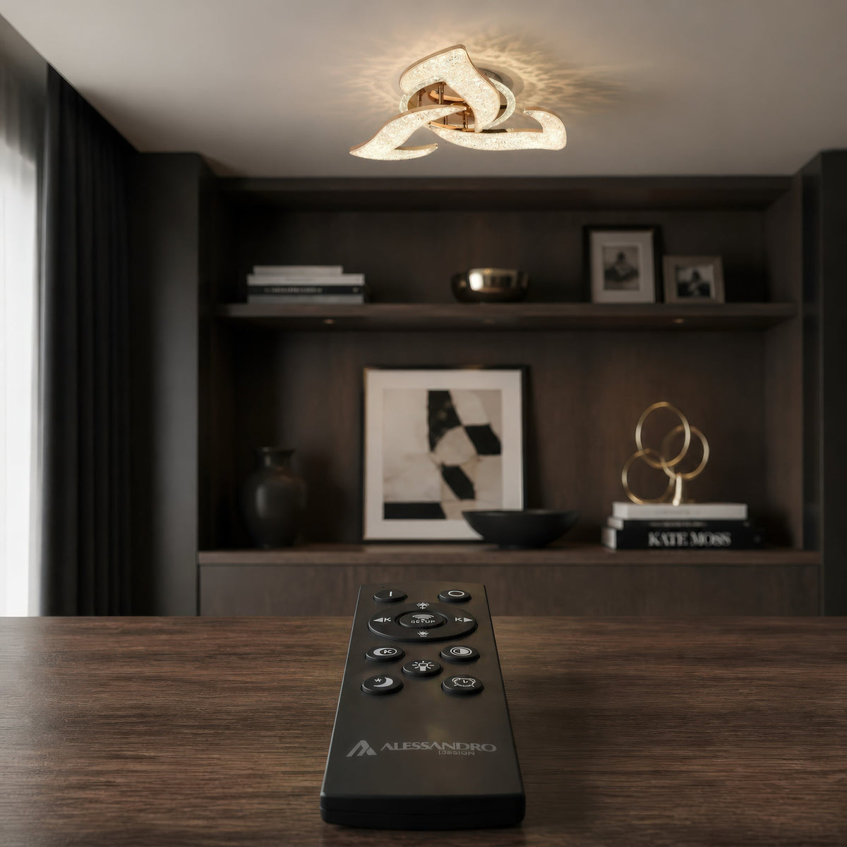 Lustra LED HALESA Eleganza cu telecomanda si cristal, 44W, 3 Surse, Lumina Rece/Calda/Neutra, Dimabila, Auriu