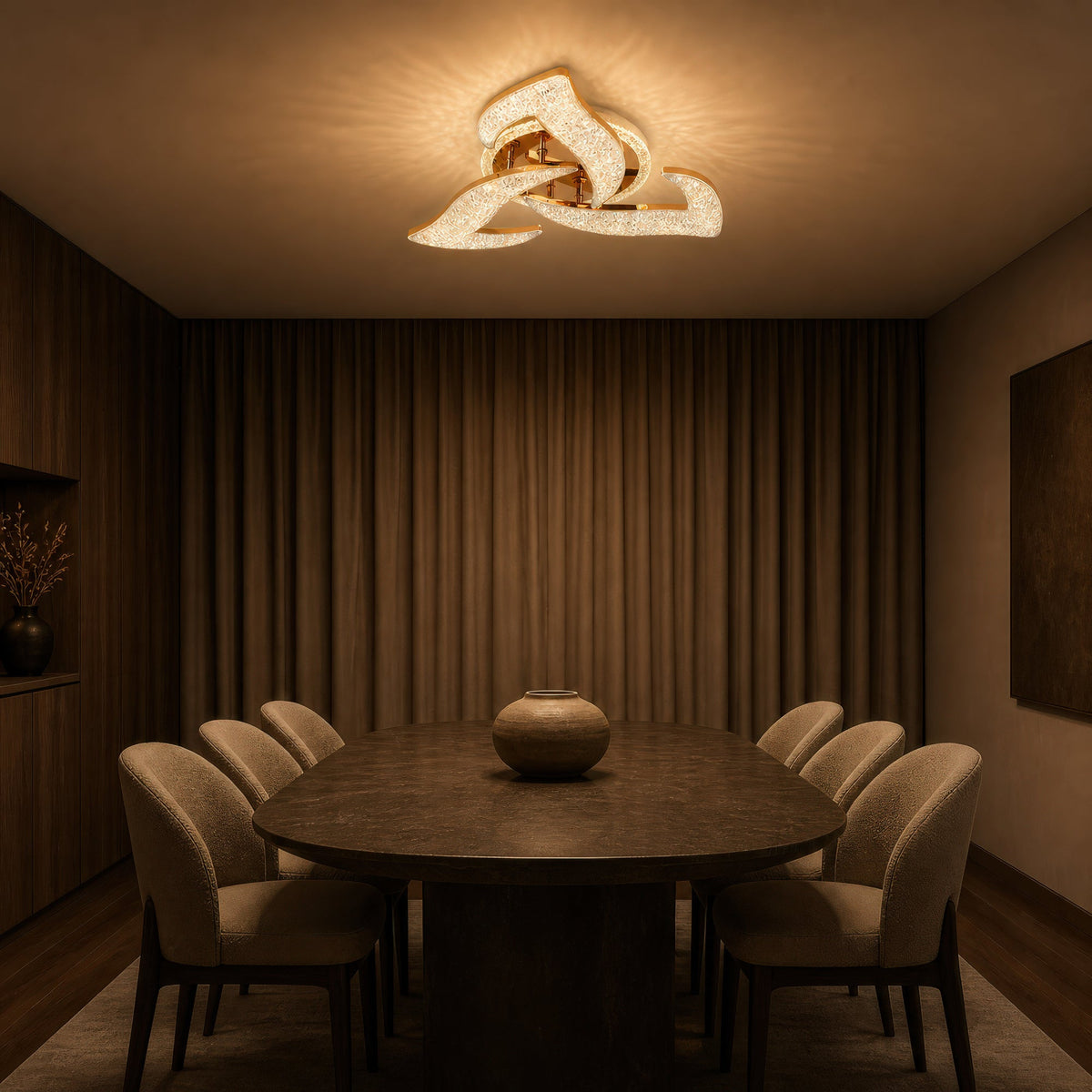 Lustra LED HALESA Eleganza cu telecomanda si cristal, 44W, 3 Surse, Lumina Rece/Calda/Neutra, Dimabila, Auriu