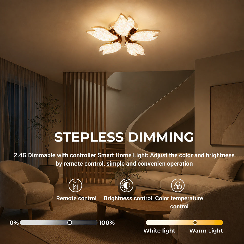 Lustra LED BLUME Magno cu telecomanda si cristal, 79W, 5 Surse, Lumina Rece/Calda/Neutra, Dimabila, Auriu