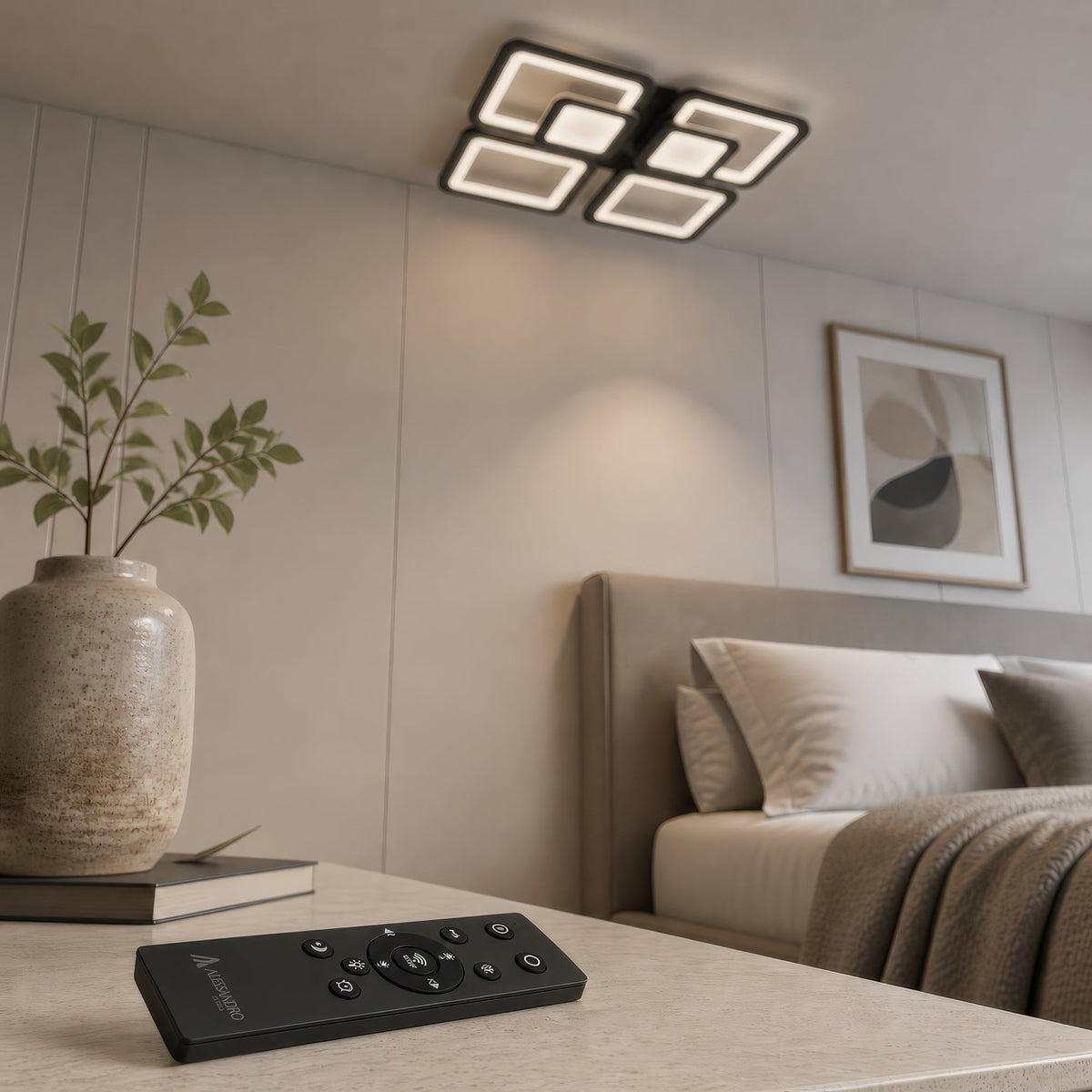 Lustra LED cu telecomanda SUSAN 96W, 4 Patrate, lumina Rece/Calda/Neutra, Dimabila, Negru, imaginea 6