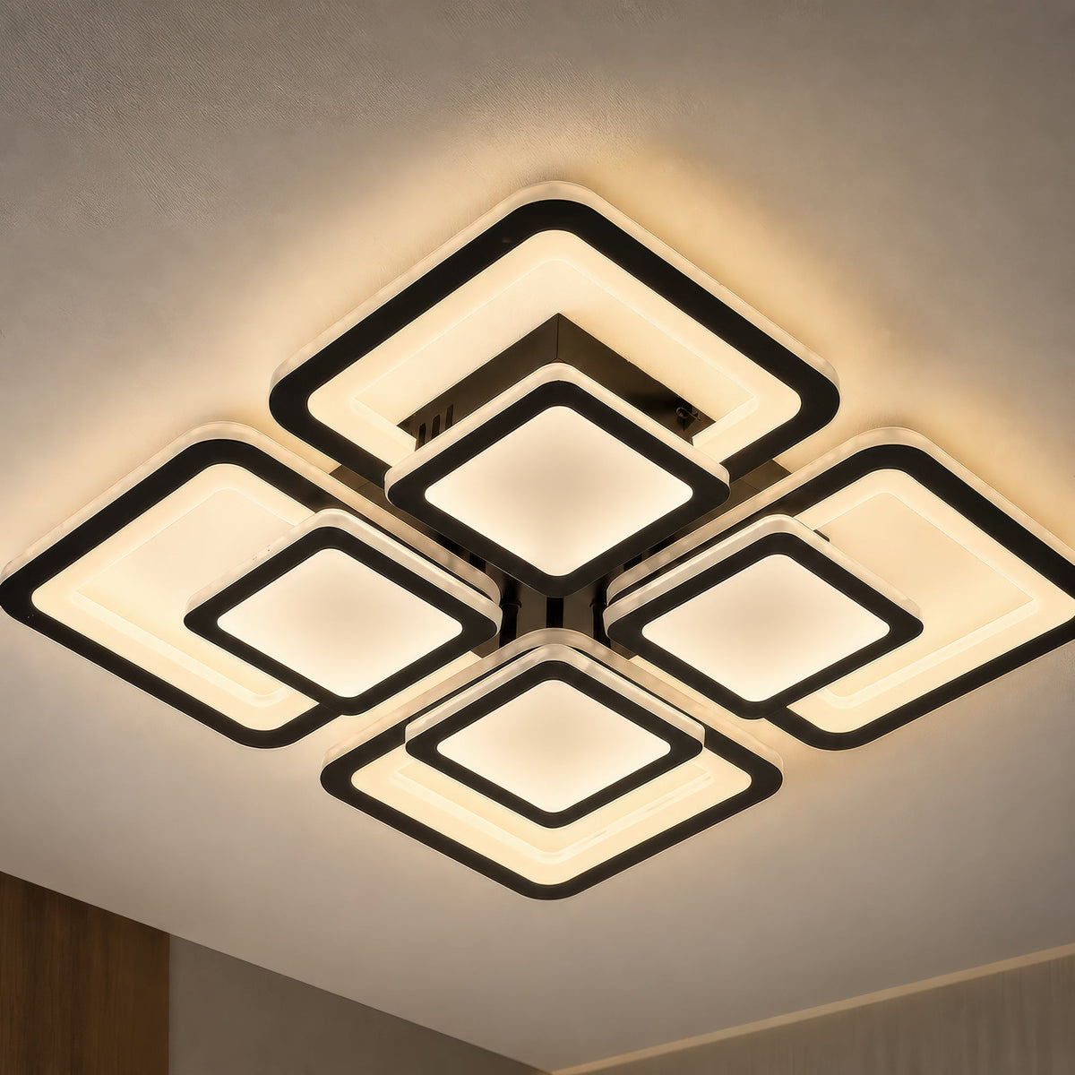 Lustra LED cu telecomanda SUSAN 96W, 4 Patrate, lumina Rece/Calda/Neutra, Dimabila, Negru, imaginea 1