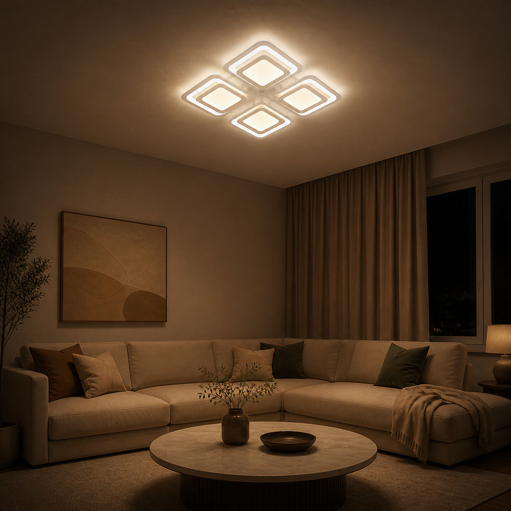 Lustra LED cu telecomanda SUSAN 96W, 4 Patrate, lumina Rece/Calda/Neutra, Dimabila, Alb, imaginea 1