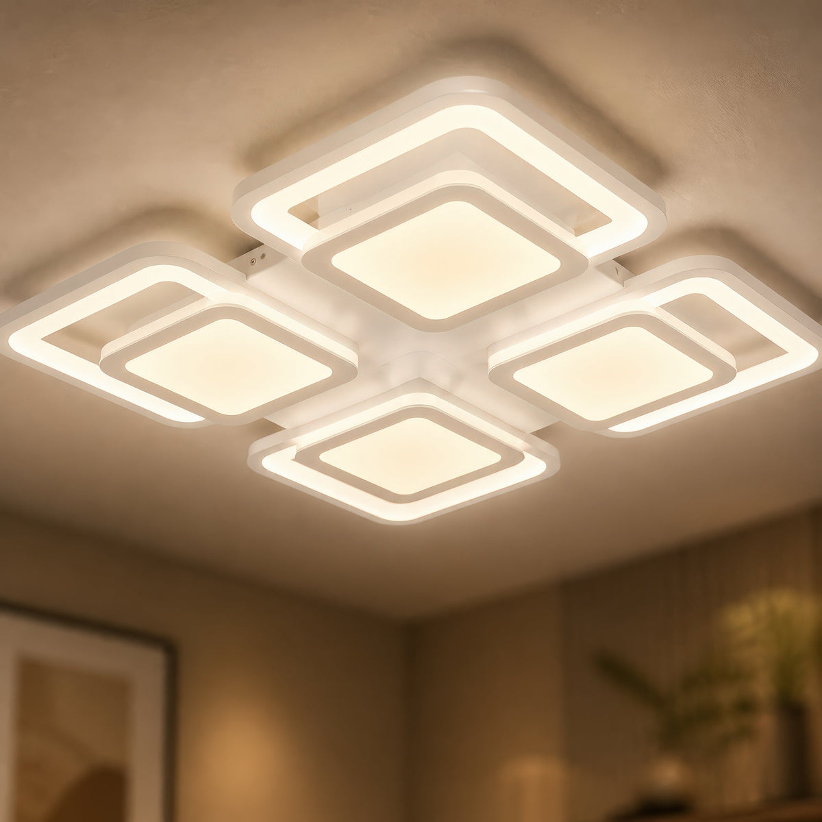 Lustra LED cu telecomanda SUSAN 96W, 4 Patrate, lumina Rece/Calda/Neutra, Dimabila, Alb, imaginea 2