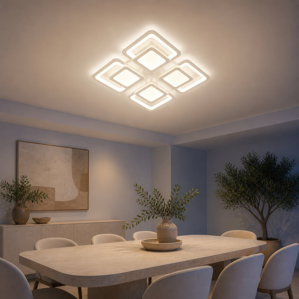 Lustra LED cu telecomanda SUSAN 96W, 4 Patrate, lumina Rece/Calda/Neutra, Dimabila, Alb, imaginea 3