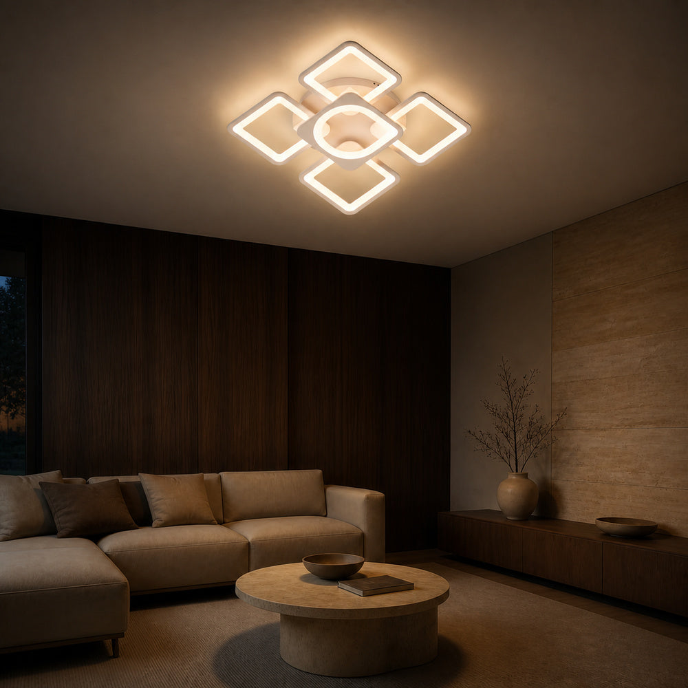 Lustra LED cu telecomanda ZOE 70W, 5 Patrate, lumina Rece/Calda/Neutra, Dimabila, Alb, imaginea 1