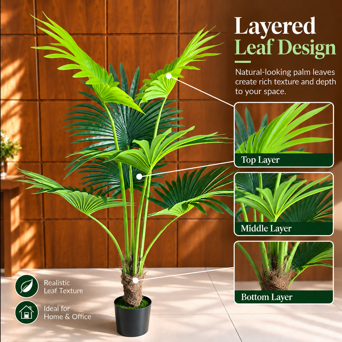 Decorațiune Palmier Livistona Evantai, 7 frunze, Plastic, 140 cm, Verde