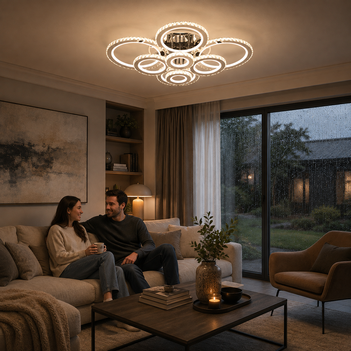 Lustra LED cu telecomanda si cristal NOVA ROTONDA RGB, 8 Cercuri, lumina Rece/Calda/Neutra, Dimabila, Crom Lucios