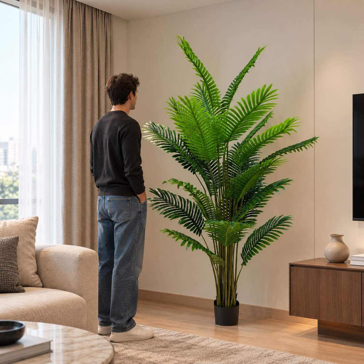 Decorațiune Palmier Areca, Plastic, 24 frunze, 190 cm, Verde