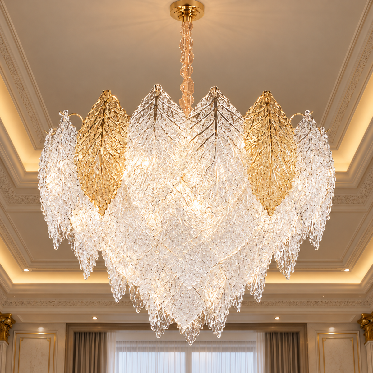 Candelabru Cristal LACE Eleganza 9xE14, Diametru 50cm, Inaltime 36cm, Auriu Lucios, Inaltime Reglabila, Design Elegant