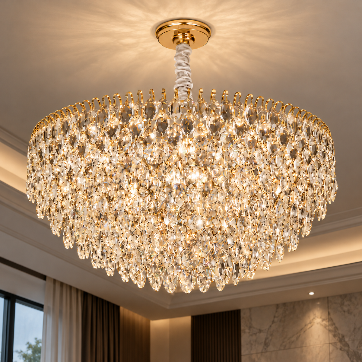 Candelabru Cristal ERDENET Magno, 12xE14, Diametru 60 cm, Metal si Cristal, Auriu Lucios, Inaltime Reglabila
