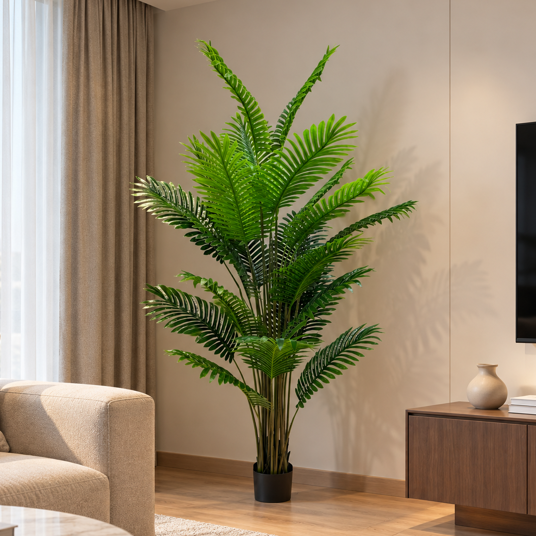 Decorațiune Palmier Areca, Plastic, 24 frunze, 190 cm, Verde