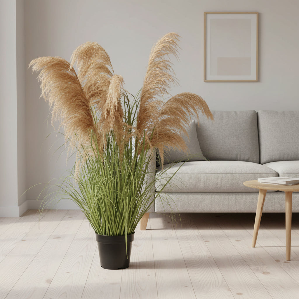 Plantă decorativă în ghiveci, 5 fire, 90cm, Stuf Artificial si Iarba, Material Textil si Plastic, Verde Tomnal SSPZ/660