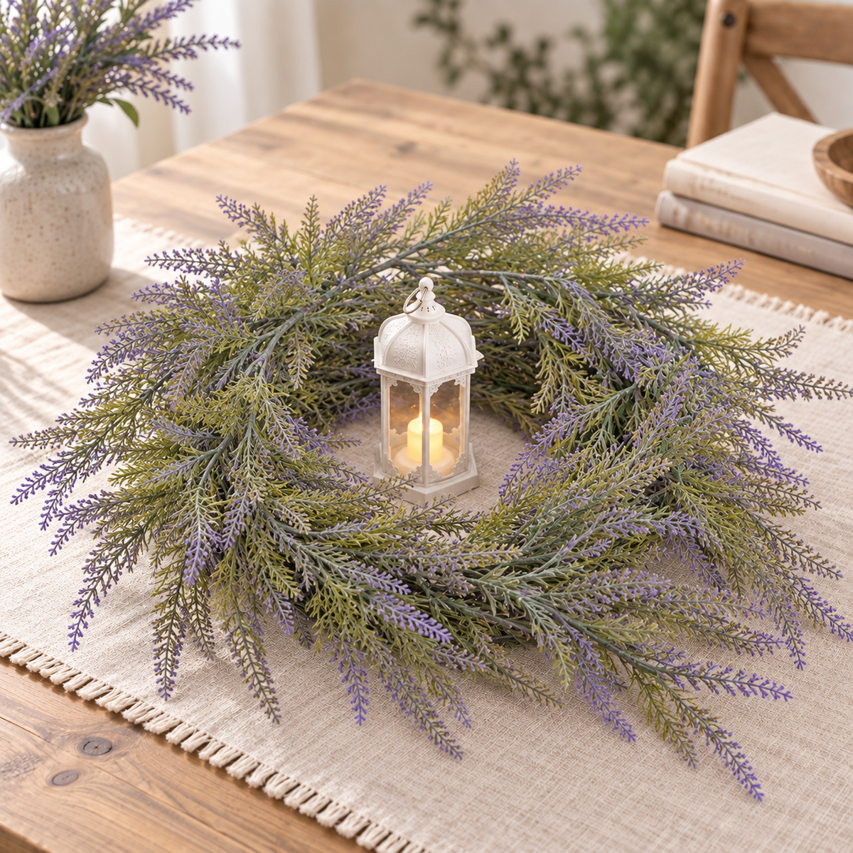 Planta Artificiala Ghirlanda Decorativa de Lavanda, Aspect Voluminos, 183cm, 72 Ramificatii, Verde si Mov, Set de 2 Bucati
