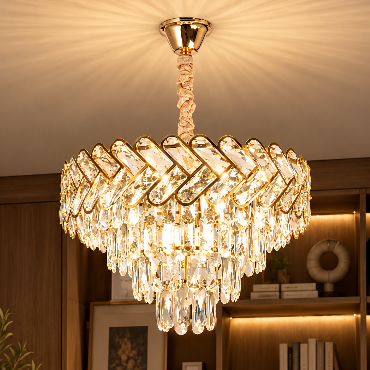 Candelabru Cristal VECTOR Magn 8xE14, Diametru 58cm, Auriu Lucios, Inaltime Reglabila, Metal si Cristal