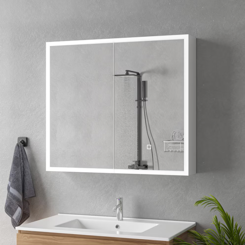 Oglinda LED cu Dulap MODA 80x70 cm Alb Iluminare Perimetrala si Senzor Touch, imaginea 3