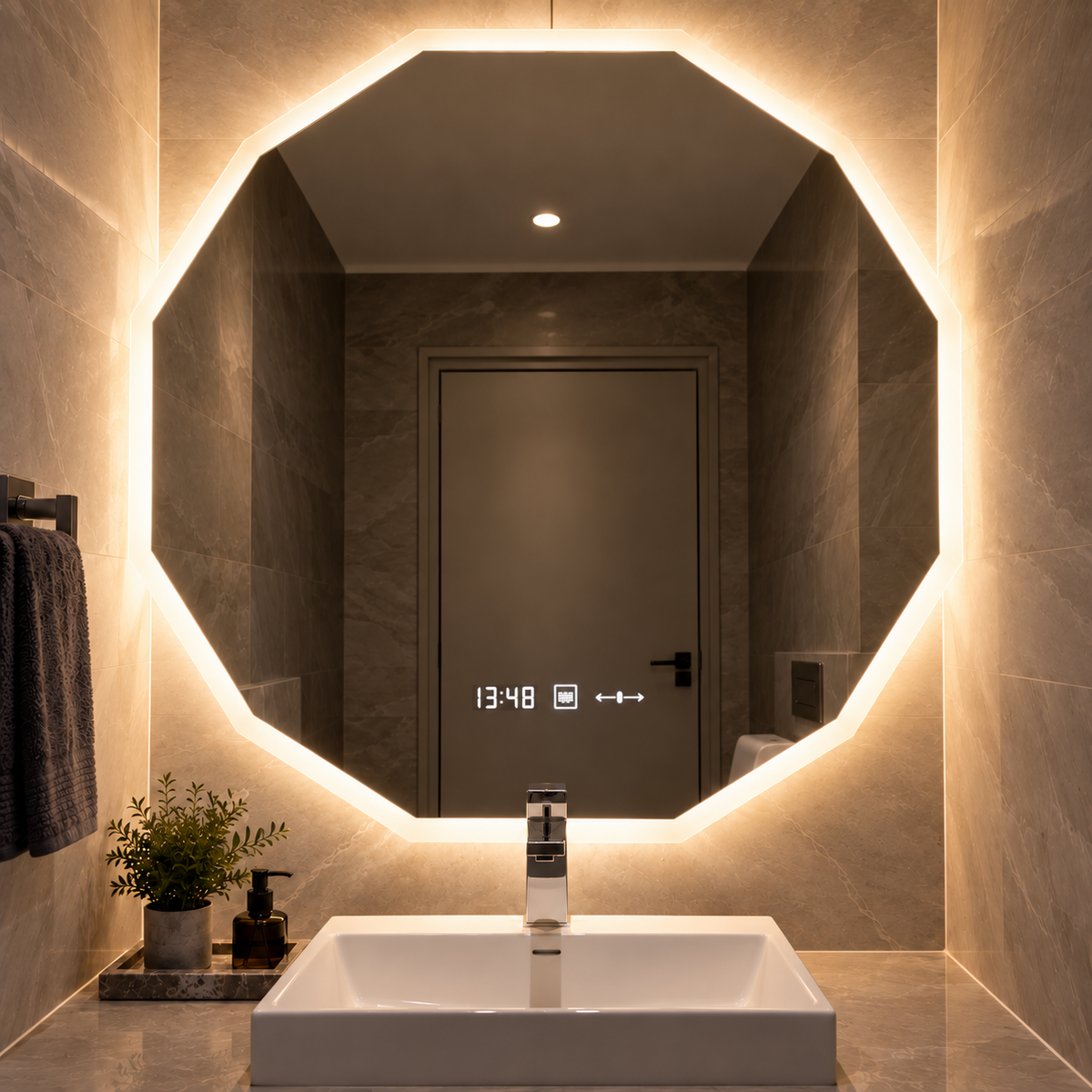 Oglinda LED 70cm, POLIGON Senzor MotionGlow Marcello, Sistem Dezaburire, Ceas & Termometru, Dimabila 084