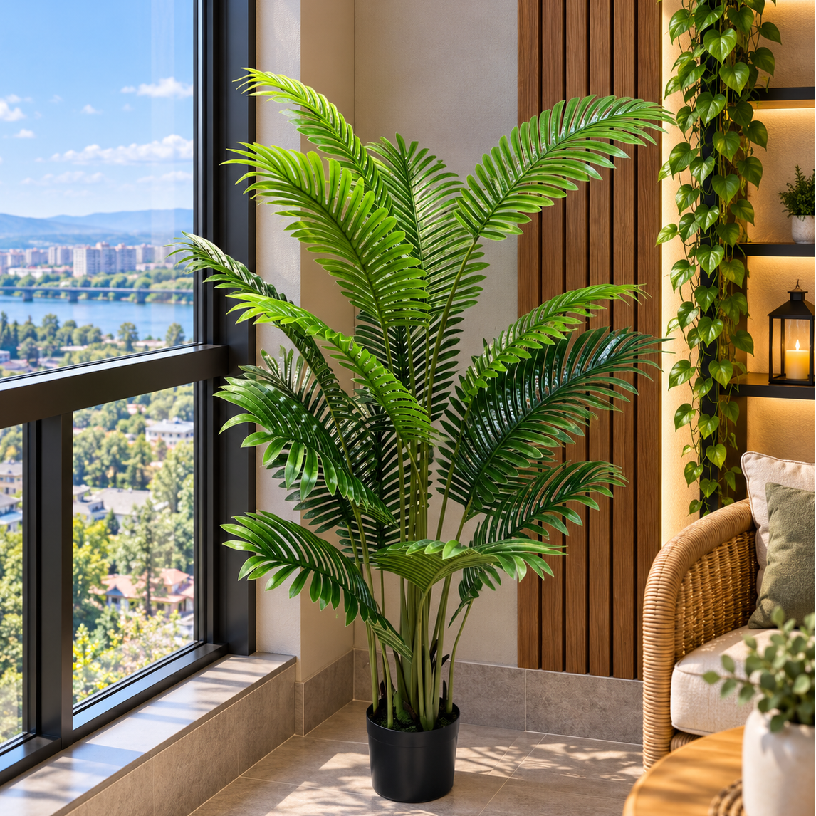 Decorațiune Palmier Areca, Plastic, 15 frunze, 150 cm, Verde
