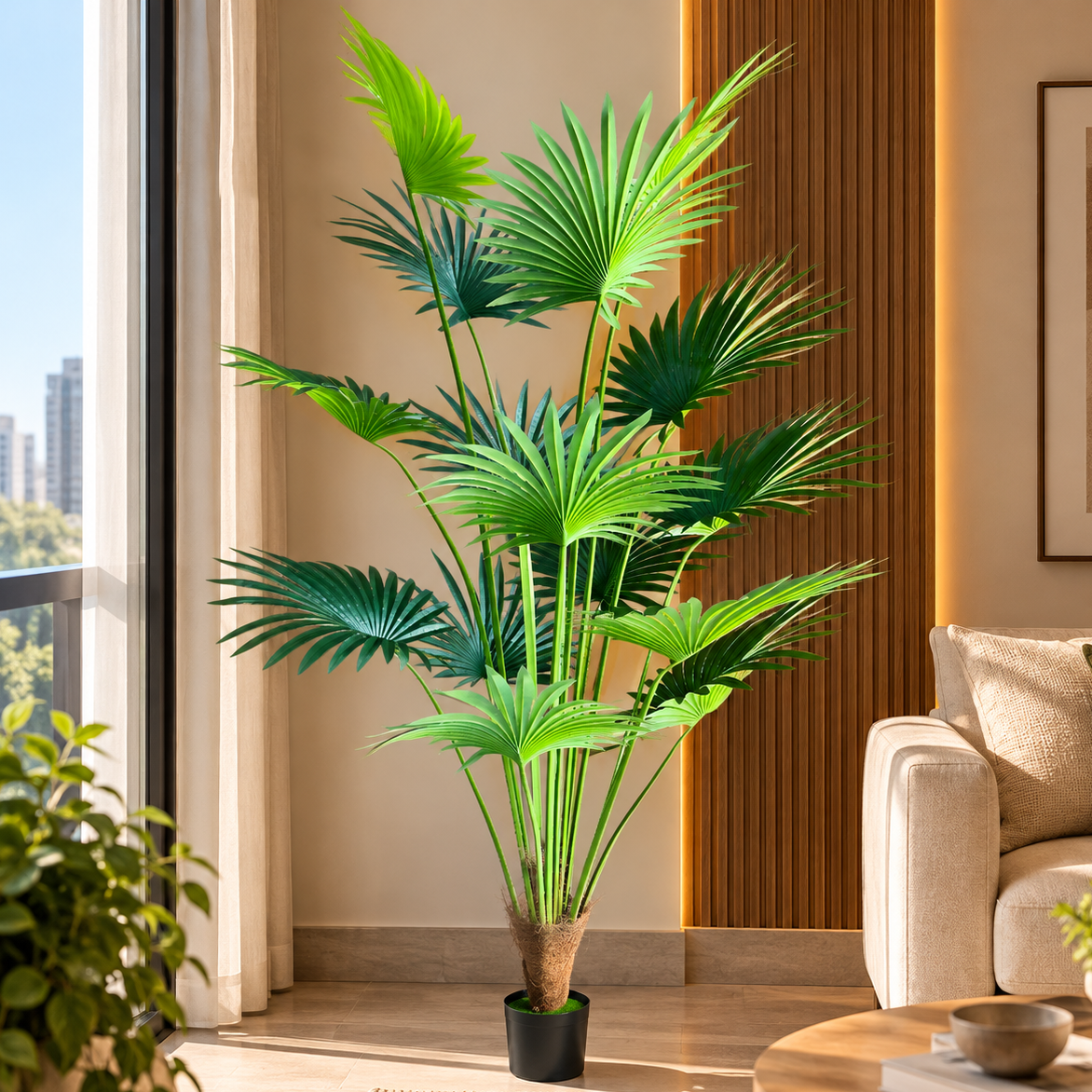 Decorațiune Palmier Livistona Evantai, 15 frunze, Plastic, 200 cm, Verde