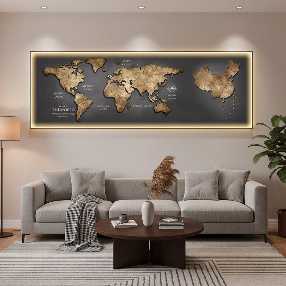 Tablou Decorativ cu iluminare LED Harta a Lumii, 120 x 60 cm, 24W, Lumina Neutra, Aliaj de Aluminiu si MDF