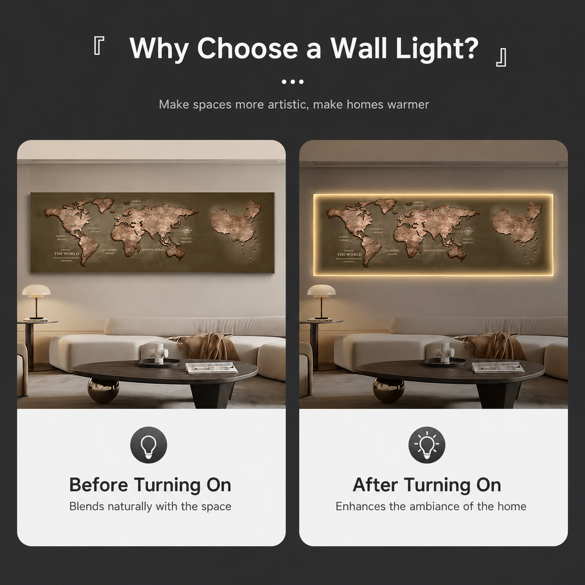 Tablou Decorativ cu iluminare LED Harta a Lumii, 120 x 60 cm, 24W, Lumina Neutra, Aliaj de Aluminiu si MDF