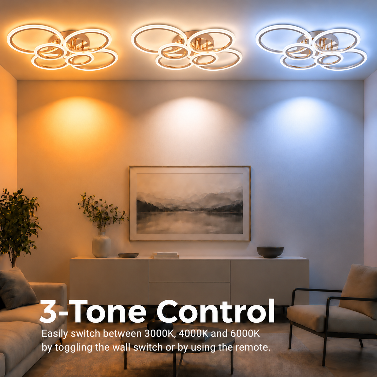 Lustra LED cu telecomanda BETTY 81W, 6 Cercuri, lumina Rece/Calda/Neutra, Dimabila, Auriu Lucios