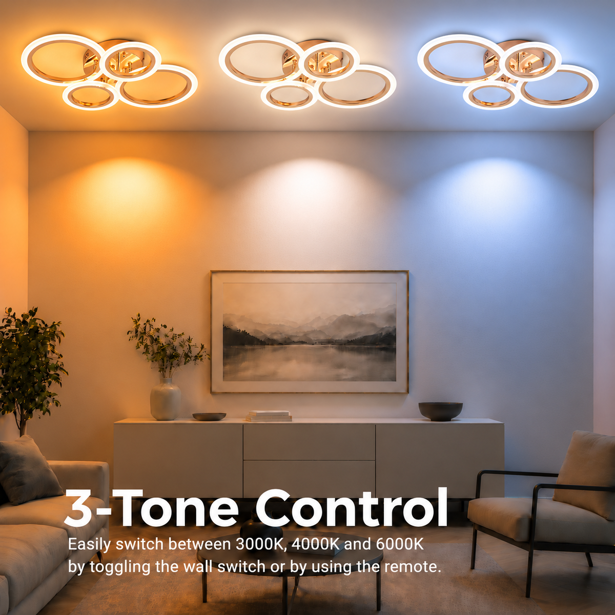 Lustra LED cu telecomanda  BETTY 43W, 4 Cercuri, lumina Rece/Calda/Neutra, Dimabila, Auriu Lucios