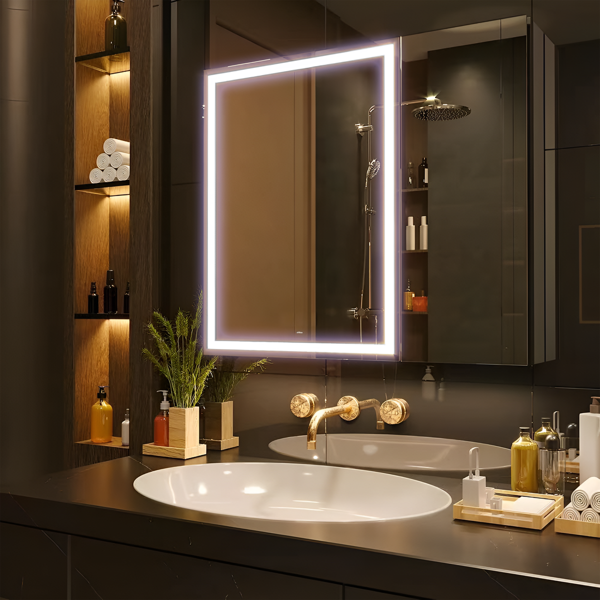 Oglinda LED cu Dulap STRATO 75x70 cm Negru Iluminare Completa si Depozitare Spatioasa